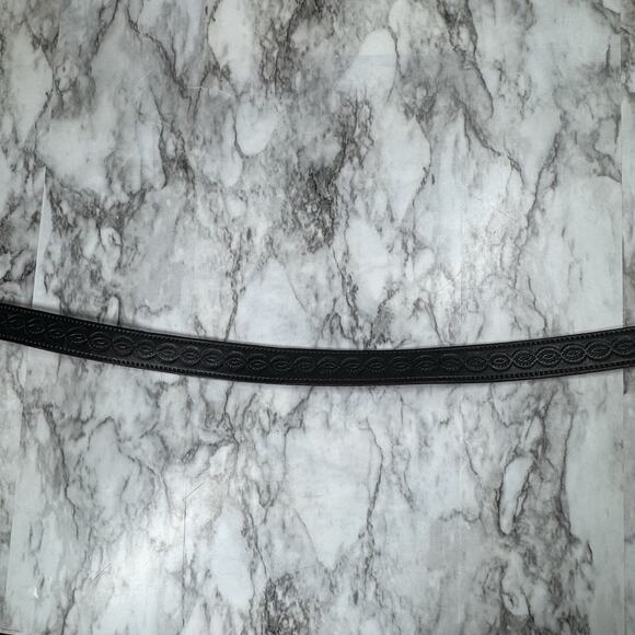 Western Tooled Black Leather Belt Strap Mens Size 44 Embossed Snap On No Buckle - Picture 13 of 14